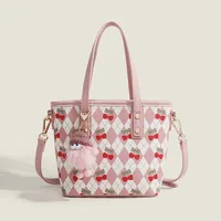 Women's Medium Pu Leather Cherry Argyle Cute Classic Style Zipper Tote Bag main image 1
