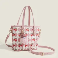 Women's Medium Pu Leather Cherry Argyle Cute Classic Style Zipper Tote Bag main image 2