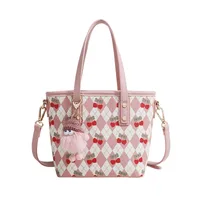 Women's Medium Pu Leather Cherry Argyle Cute Classic Style Zipper Tote Bag main image 4