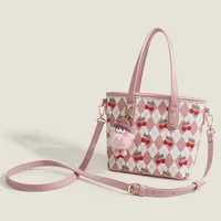 Women's Medium Pu Leather Cherry Argyle Cute Classic Style Zipper Tote Bag main image 3