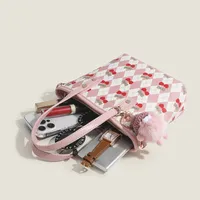 Women's Medium Pu Leather Cherry Argyle Cute Classic Style Zipper Tote Bag main image 5