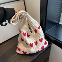 Women's Medium Knit Heart Shape Basic Classic Style Bucket Open Shoulder Bag sku image 3