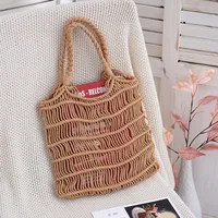 Women's Medium Cotton Solid Color Vacation Beach Hollow Open Handbag sku image 2