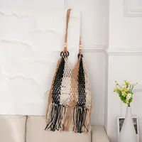 Women's Medium Cotton Rope Color Block Vacation Beach Tassel Weave Bucket Open Straw Bag sku image 1