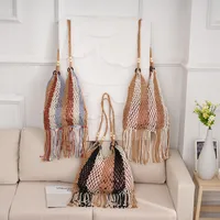Women's Medium Cotton Rope Color Block Vacation Beach Tassel Weave Bucket Open Straw Bag main image 1
