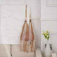 Women's Medium Cotton Rope Color Block Vacation Beach Tassel Weave Bucket Open Straw Bag sku image 2