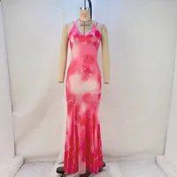 Women's Trumpet Dress Streetwear Halter Neck Printing Backless Sleeveless Tie Dye Midi Dress Beach Date sku image 1