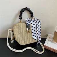 Women's Medium Straw Solid Color Vacation Beach Ribbon Weave Lock Clasp Straw Bag sku image 5
