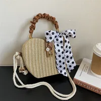 Women's Medium Straw Solid Color Vacation Beach Ribbon Weave Lock Clasp Straw Bag sku image 4