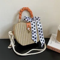 Women's Medium Straw Solid Color Vacation Beach Ribbon Weave Lock Clasp Straw Bag sku image 3