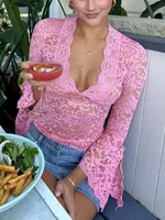 Women's Blouse Long Sleeve Blouses Lace Hollow Out Sexy Solid Color sku image 3