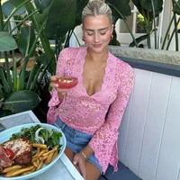 Women's Blouse Long Sleeve Blouses Lace Hollow Out Sexy Solid Color main image 3