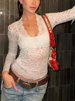 Women's Blouse Long Sleeve Blouses Lace Hollow Out Sexy Solid Color sku image 7