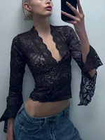 Women's Blouse Long Sleeve Blouses Lace Hollow Out Sexy Solid Color sku image 10
