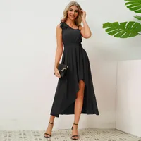 Women's One Shoulder Dress Elegant Oblique Collar Pleated Sleeveless Solid Color Midi Dress Banquet main image 4