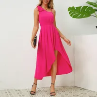 Women's One Shoulder Dress Elegant Oblique Collar Pleated Sleeveless Solid Color Midi Dress Banquet sku image 16