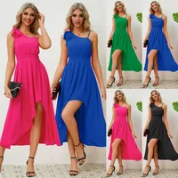 Women's One Shoulder Dress Elegant Oblique Collar Pleated Sleeveless Solid Color Midi Dress Banquet main image 1