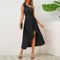 Women's One Shoulder Dress Elegant Oblique Collar Pleated Sleeveless Solid Color Midi Dress Banquet sku image 12