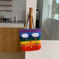 Women's Medium Fabric Clouds Rainbow Stripe Cute Square Open Shoulder Bag sku image 4