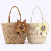 Women's Large Straw Flower Basic Beach Cylindrical Zipper Straw Bag main image 1