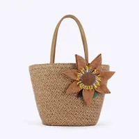 Women's Large Straw Flower Basic Beach Cylindrical Zipper Straw Bag sku image 1