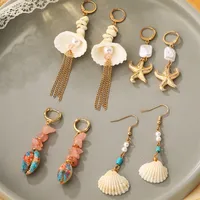 1 Pair Casual Beach Starfish Conch Shell Beaded Natural Stone 18K Gold Plated Drop Earrings main image 9