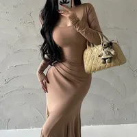 Women's Sheath Dress Simple Style Classic Style U Neck Wrap Long Sleeve Simple Solid Color Maxi Long Dress Daily Date Bar main image 5