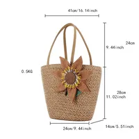 Women's Large Straw Flower Basic Beach Cylindrical Zipper Straw Bag main image 5