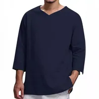 Men's Solid Color Simple Style V Neck 3/4 Length Sleeve Loose Men's T-shirt main image 4