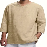 Men's Solid Color Simple Style V Neck 3/4 Length Sleeve Loose Men's T-shirt main image 5
