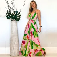 Women's Strap Dress Simple Style Halter Neck Printing Sleeveless Flower Maxi Long Dress Casual main image 3