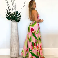 Women's Strap Dress Simple Style Halter Neck Printing Sleeveless Flower Maxi Long Dress Casual main image 2