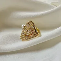 Copper 18K Gold Plated Simple Style Classic Style Plating Inlay Solid Color Pearl Zircon Open Rings main image 7