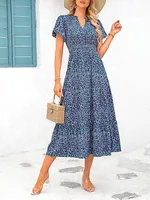 Women's Floral Dress Basic V Neck Pocket Short Sleeve Ditsy Floral Midi Dress Office Daily Date main image 4