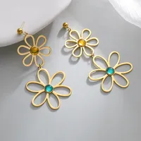 1 Pair Vintage Style French Style Simple Style Flower Plating Hollow Out Inlay 304 Stainless Steel Glass Stone 14K Gold Plated Drop Earrings main image 1