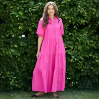 Women's Regular Dress Simple Style Standing Collar Button Short Sleeve Solid Color Maxi Long Dress Holiday Daily main image 2