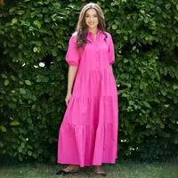 Women's Regular Dress Simple Style Standing Collar Button Short Sleeve Solid Color Maxi Long Dress Holiday Daily main image 4