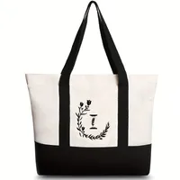 Women's Medium Canvas Letter Flower Classic Style Square Zipper Shoulder Bag sku image 32
