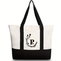 Women's Medium Canvas Letter Flower Classic Style Square Zipper Shoulder Bag sku image 38