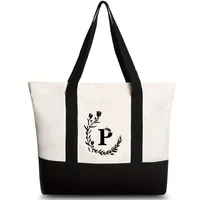 Women's Medium Canvas Letter Flower Classic Style Square Zipper Shoulder Bag sku image 36