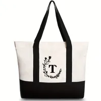 Women's Medium Canvas Letter Flower Classic Style Square Zipper Shoulder Bag sku image 12