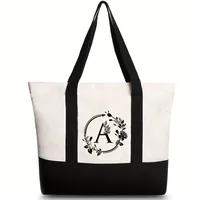 Women's Medium Canvas Letter Flower Classic Style Square Zipper Shoulder Bag sku image 18