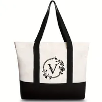 Women's Medium Canvas Letter Flower Classic Style Square Zipper Shoulder Bag sku image 54