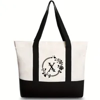 Women's Medium Canvas Letter Flower Classic Style Square Zipper Shoulder Bag sku image 55