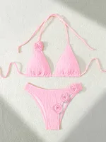 Women's Solid Color Flower 2 Pieces Set Bikinis Swimwear sku image 1