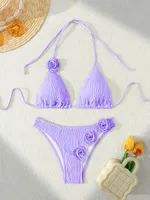 Women's Solid Color Flower 2 Pieces Set Bikinis Swimwear sku image 7