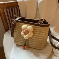 Women's Medium Straw Flower Bow Knot Vacation Beach Weave Square Zipper Straw Bag main image 5
