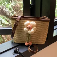 Women's Medium Straw Flower Bow Knot Vacation Beach Weave Square Zipper Straw Bag main image 4