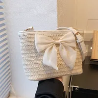 Women's Medium Straw Flower Bow Knot Vacation Beach Weave Square Zipper Straw Bag sku image 4
