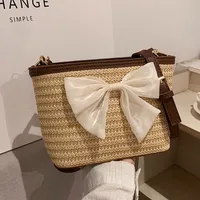 Women's Medium Straw Flower Bow Knot Vacation Beach Weave Square Zipper Straw Bag sku image 3